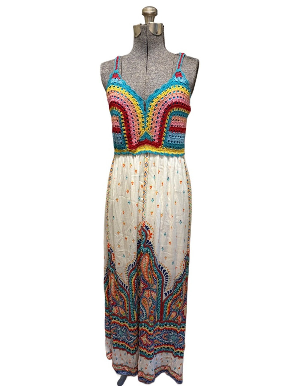 Hale Bob Multicolor Crochet Paisley Maxi Dress Strappy Sleeveless Size S
